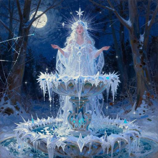 Digital fantasy art: Snow-covered, ethereal woman with glowing white hair and star-like aura, standing in illuminated, frosty fountain under full moon in