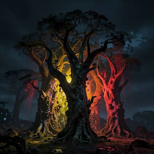 Digital painting of towering, twisted trees glowing with vibrant yellow and red flames against a dark, stormy night sky.