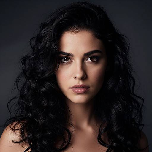 Photograph of a pensive woman with long, curly black hair, dark eyes, and smooth, olive-toned skin, set against a dark,