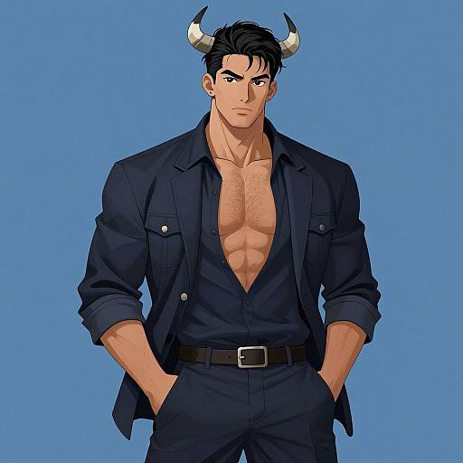 Digital anime-style drawing of a muscular, dark-haired man with white horns, wearing an unbuttoned dark blue jacket, exposing his chest, against a