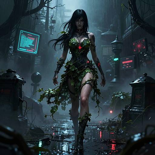 Cyberpunk cityscape at night: Dark-haired woman with vines and red lights covering her body walks through rainy, neon-lit streets. Digital art