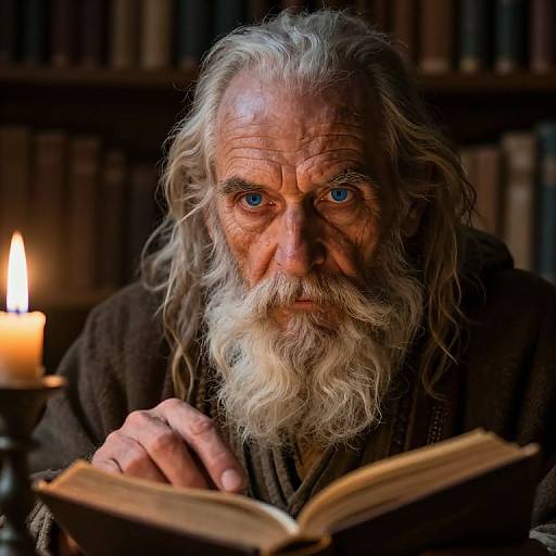 Photograph of an intense, elderly man with long white beard, blue eyes, and wrinkled face, reading a book by candlelight in a dim