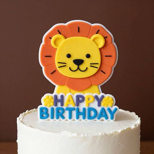 Photograph of a white birthday cake with a cartoon lion topper, orange mane, yellow body, 