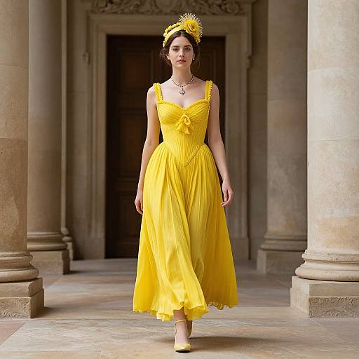 Photograph of a woman in a vibrant yellow, sleeveless, flowing dress and matching headpiece, walking through a classical, stone-columned hallway.