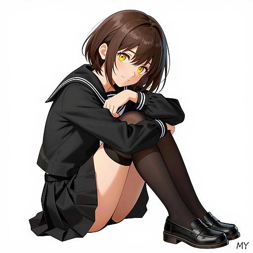 Young Woman in Black Sailor Uniform Sitting