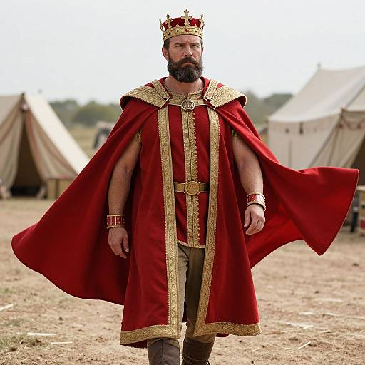 Photograph of a bearded man in regal red and gold royal attire, including a crown, standing confidently in a camp with tents.