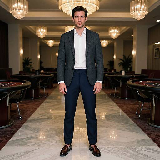 Photograph of a handsome man with short dark hair, wearing a black blazer, white shirt, and black pants, standing in a luxurious, dim