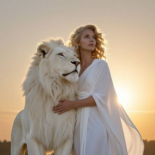Photograph of a blonde woman in a white toga, standing beside a white lion at sunset, with a serene expression.