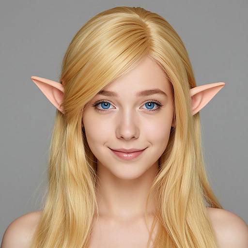 Digital CGI portrait of a blonde elf woman with blue eyes, pointed ears, and long straight hair, smiling against a grey background.