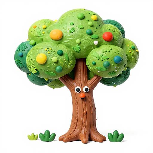 Colorful, cartoon-style tree with a brown trunk, green leaves, and colorful round fruits (orange, red, yellow, blue). Tree has goog