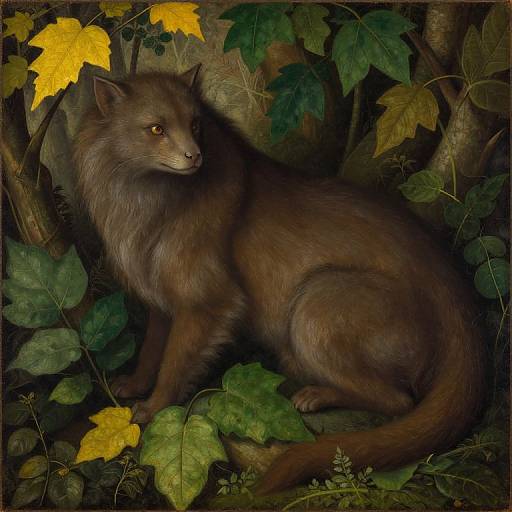 Digital painting of a brown, wolf-like creature with glowing yellow eyes, surrounded by green and yellow leaves in a dark forest.