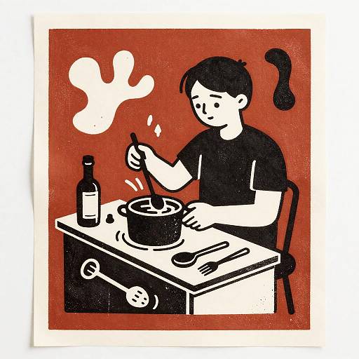 Linocut Illustration of Person Stirring Pot