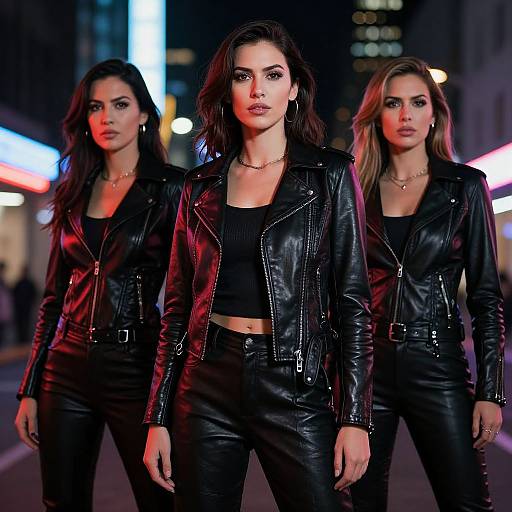 Photograph of three women with dark hair, wearing black leather jackets and pants, standing confidently in a neon-lit urban night setting.