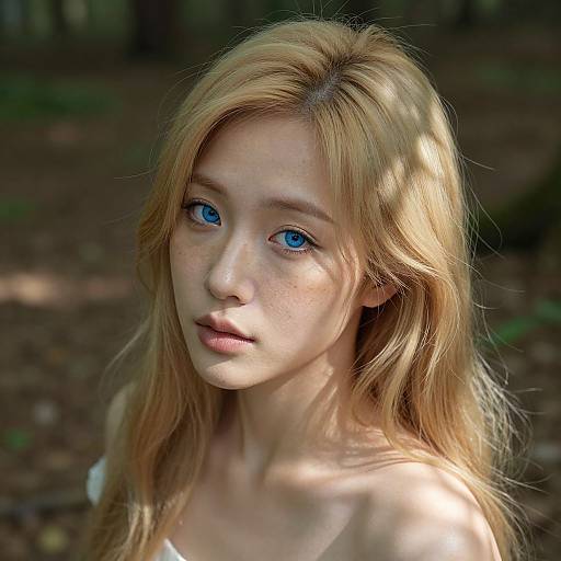 Photograph of a young, fair-skinned woman with long, wavy blonde hair and striking blue eyes, standing in a sunlit forest. Her