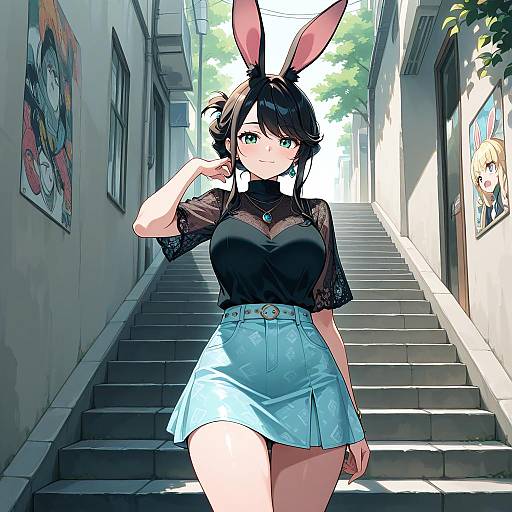 Anime Girl with Rabbit Ears on Urban Steps