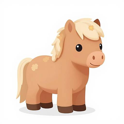 Cute digital cartoon of a light brown, beige-maned, black-eyed, chubby pony with a small smile, white background, simple, child-friendly