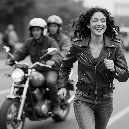 Joyful Woman in Leather with Motorcyclists