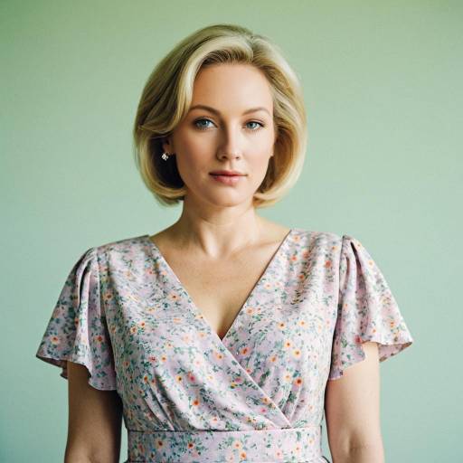 Woman in Pastel Floral Dress with Blonde Bob
