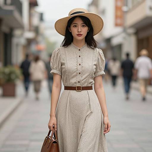 Photograph of an Asian woman in a beige, buttoned dress with puffed sleeves, brown belt, and straw hat, walking on a blurred city
