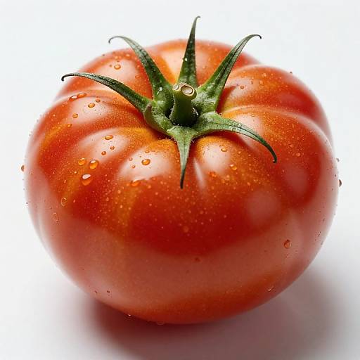 Photograph of a vibrant red, glossy tomato with water droplets on its surface, green stem, and white background.