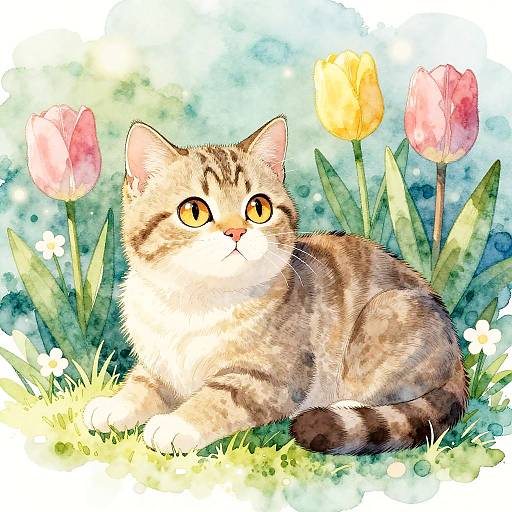 Whimsical Tabby Cat in Tulip Garden