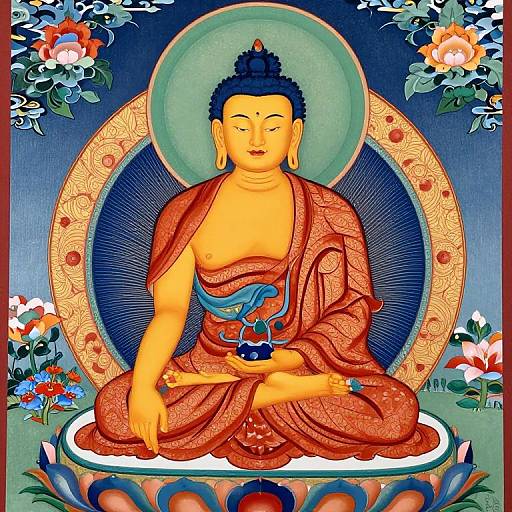 Colorful Buddhist Buddha statue with blue hair, orange robe, and serene expression, seated cross-legged, surrounded by floral patterns and flowers. Digital art.