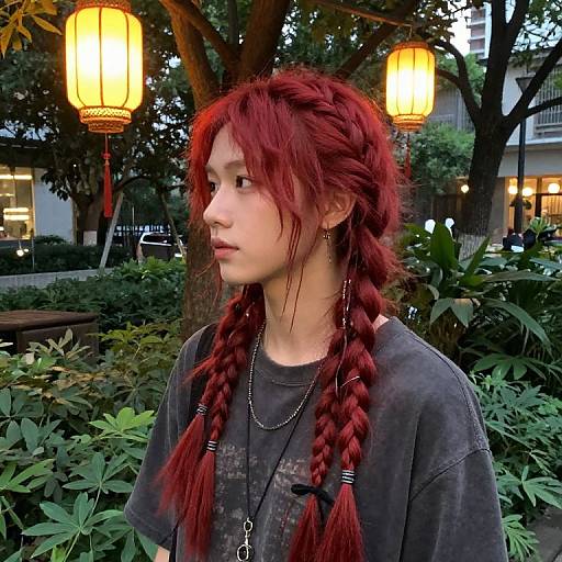 Photograph of a red-haired woman with braided hair, wearing a gray shirt and necklace, standing under glowing lanterns in a leafy park.