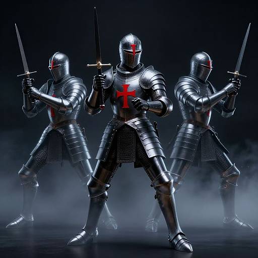 Digital artwork of three armored knights with red crosses, holding swords, standing in a defensive stance amid misty darkness.