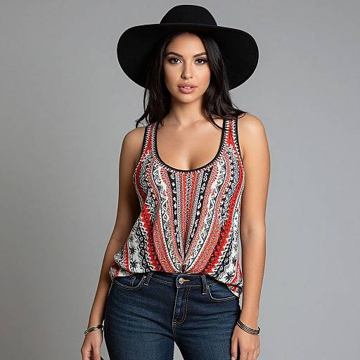 Photograph of a woman with long black hair, wearing a black wide-brimmed hat, white and red patterned tank top, and dark blue