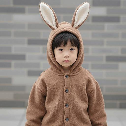Young Boy in Brown Rabbit Ears Hoodie