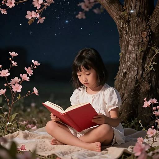 Photograph of an Asian girl with black hair, wearing a white dress, sitting cross-legged under a tree at night, reading a red book amidst blo