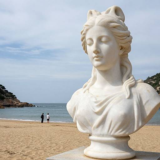Photograph of a white marble statue of a serene, classical woman with closed eyes and wavy hair, on a sandy beach with two people in the