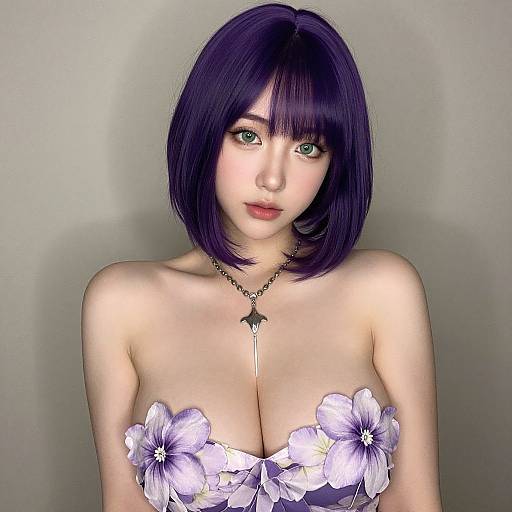 Digital art of a fair-skinned, large-breasted woman with purple bob hair, green eyes, wearing a strapless flower top, and a key