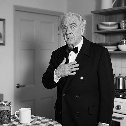Shocked Elderly Man in Formal Attire in Kitchen