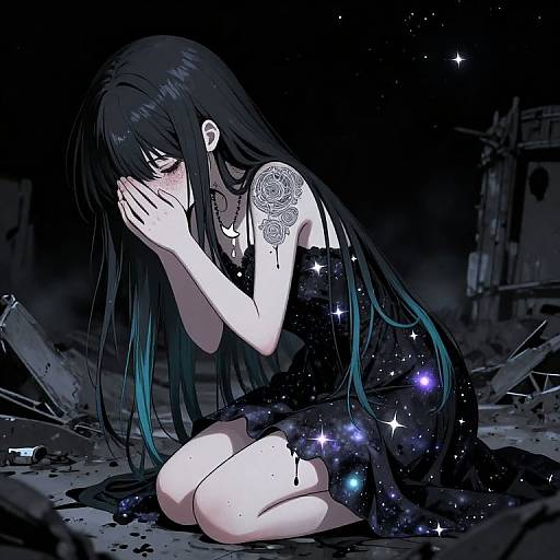 Anime-style digital drawing of a black-haired girl with blue highlights, kneeling, crying, wearing a black dress with star and galaxy patterns, in a dark