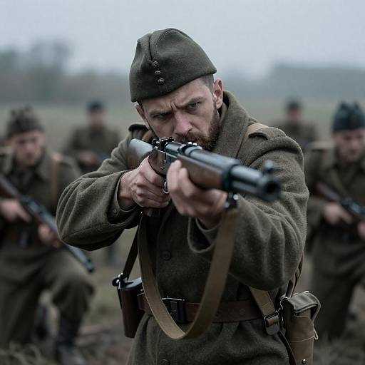 Tense Wartime Scene with Soldier Focused