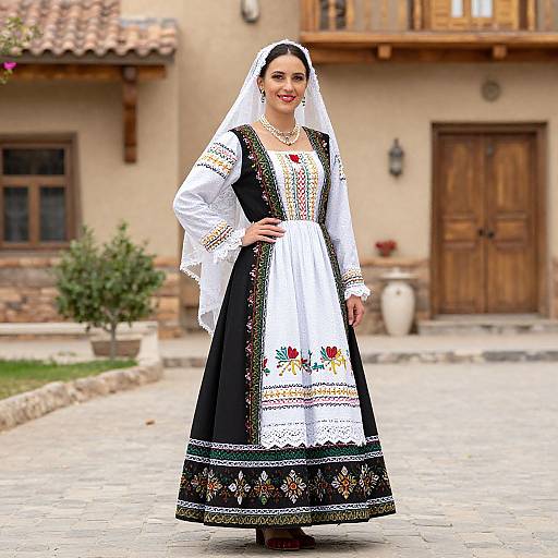 Photograph of a smiling woman in traditional black and white embroidered dress, white headscarf, standing on a cobblestone path in front of a