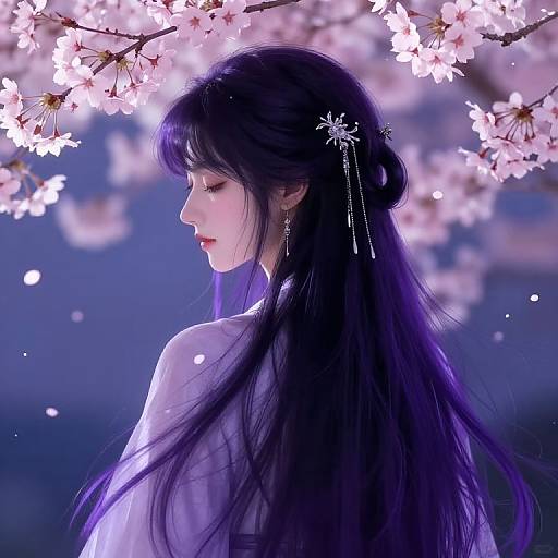 Digital artwork of a beautiful Asian woman with long, flowing purple hair and white dress, gazing sideways under cherry blossoms at night.