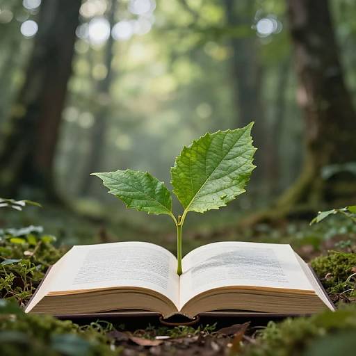 Photograph of an open book with a green plant sprout emerging from its center, set in a lush, sunlit forest.