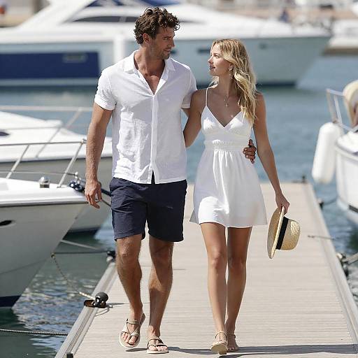 Couple Strolling on Sunlit Marina Dock