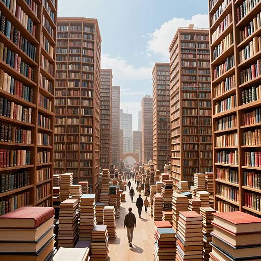 Photorealistic digital image of a sunlit library aisle filled with towering bookshelves and stacks of books, with several people walking.