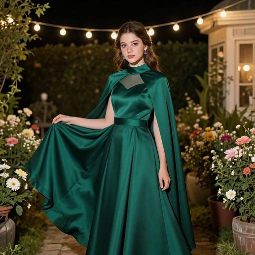 Photograph of a young woman in a green satin gown with a cape, standing in a nighttime garden adorned with string lights and blooming flowers.