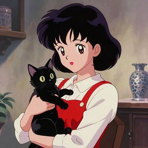 1940s Anime Girl with Black Cat