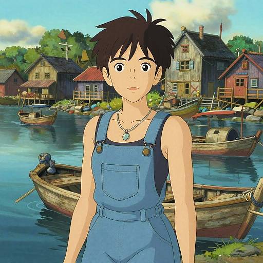 Slim Woman in Denim Pinafore in Fishing Village