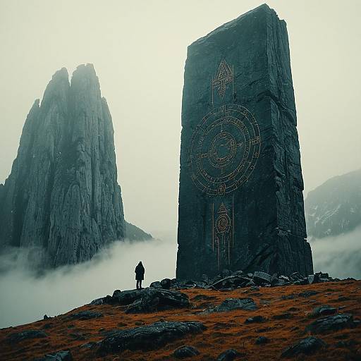 Cinematic Monolith Over Foggy Mountains