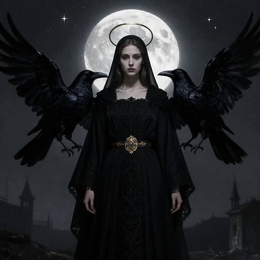 Gothic Woman with Ravens and Halo
