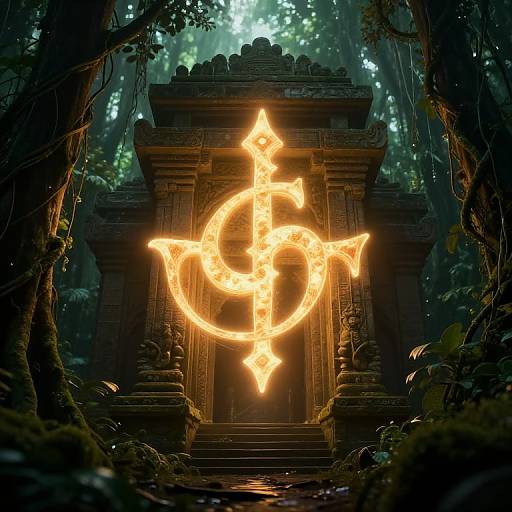 Mystical forest temple with glowing, neon-like, circular and arrow-shaped symbol on dark stone structure, surrounded by dense, shadowy foliage.