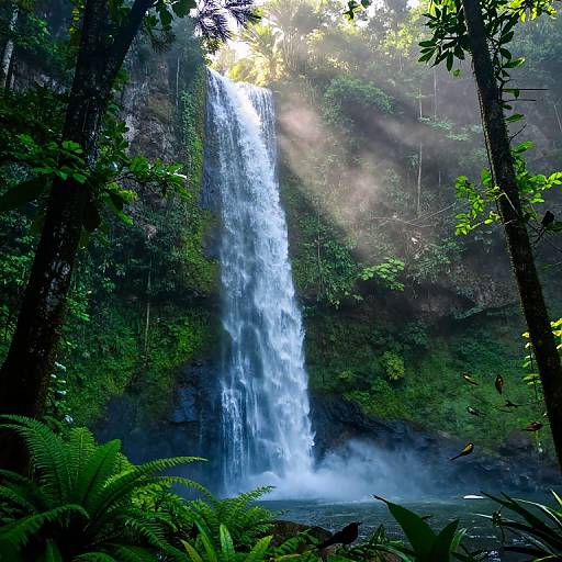 Photograph of a lush, misty jungle waterfall cascading down a rocky cliff, surrounded by dense green foliage and ferns, with sunlight filtering through