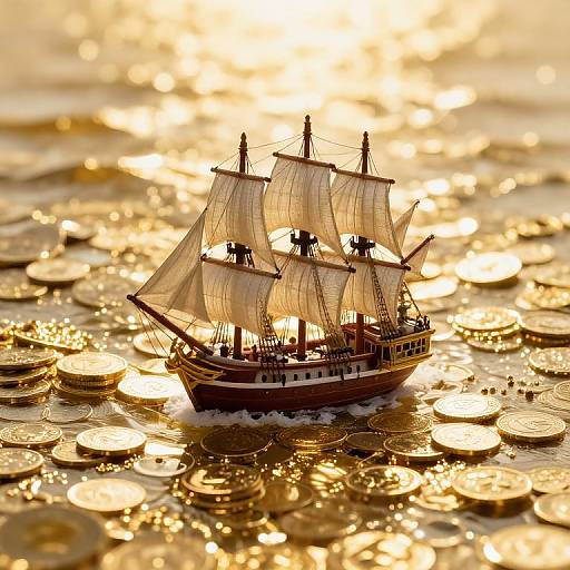 Miniature Ship Amidst Golden Treasures