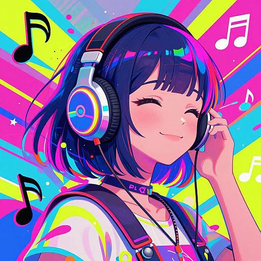 Digital anime-style drawing of a smiling girl with black hair, wearing headphones, against a vibrant rainbow background with musical notes.